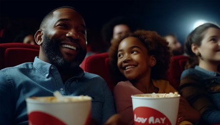 African American family in movie theater. A happy multi-ethnic family is in the movie theater watching a movie on and enjoying drinks and popcorn and having fun. Love, happy and Laughing colorfulの素材