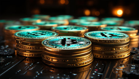Neon Bitcoin and cryptocurrency investing concept. Bitcoin cryptocurrency coins. Trading on the cryptocurrency exchange. Trends in bitcoin exchange rates. Rise and fall chart of bitcoin. Copy spaceの素材