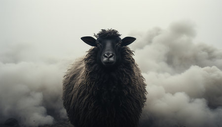 Lonely black sheep. Standing out of the crowd. Dare to be different concept. A black sheep among the herd of white sheep. Black sheep of the family concept design close up concept for being left outの素材