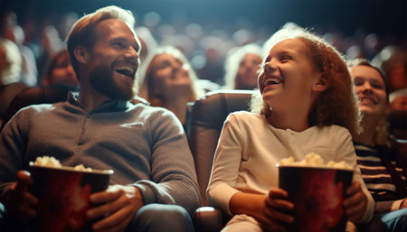 African American family in movie theater. A happy multi-ethnic family is in the movie theater watching a movie on and enjoying drinks and popcorn and having fun. Love, happy and Laughing colorfulの素材