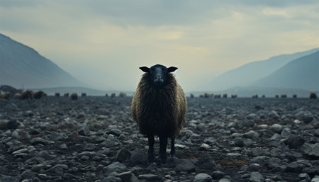 Lonely black sheep. Standing out of the crowd. Dare to be different concept. A black sheep among the herd of white sheep. Black sheep of the family concept design close up concept for being left outの素材