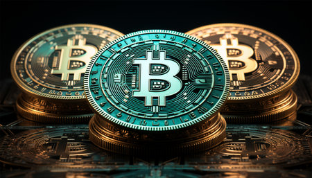 Neon Bitcoin and cryptocurrency investing concept. Bitcoin cryptocurrency coins. Trading on the cryptocurrency exchange. Trends in bitcoin exchange rates. Rise and fall chart of bitcoin. Copy spaceの素材