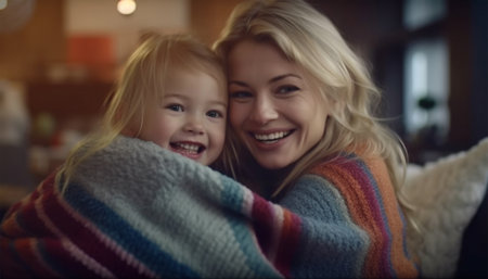 Mother and daughter cozy under blanket on the sofa. Good time at home. Having fun and laughing. Family playing under blanket. Happy love family concept homeの素材