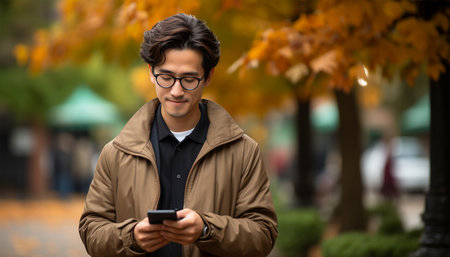 Handsome Asian student using mobile phone on sunny day. Man is sending message using smart phone. Social media,texting,video concept copy spaceの素材