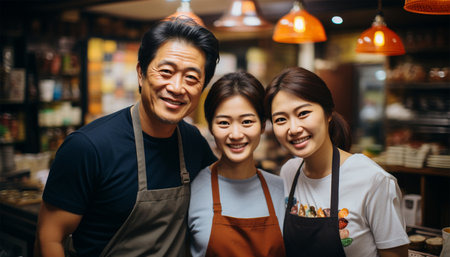 Proud Japanese father mother and daughter owners of a restaurant. Asian couple who owns a coffee shop. Standing smiling in an apron In a small coffee shop family run hand holding a cup of coffee and stand with their backs leaning against each other. Family shop or cafe portraitの素材