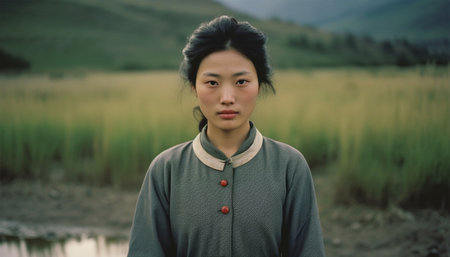 Natural Asian woman in Chinese landscape. Happy Asian woman farmer is at paddy field,, feels confident. Concept Agriculture occupation. Organic farming. Thai farmer. Beauty Asia copy spaceの素材