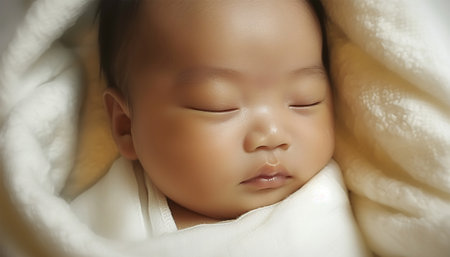Newborn Asian baby sleeping. Top view happy newborn baby lying sleeps on a white blanket comfortable and safety at warmth place. Cute Asian newborn sleeping and napping on bed. Newborn Baby Care concept Chinese portrait close upの素材