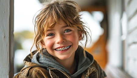 Authentic portrait of smiling teenage boy with braces looking at camera standing on the street. Positive lifestyle, summer concept Equalize teeth, orthodontist concept Close upの素材