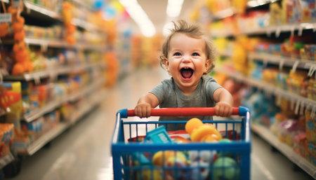 cute toddler is shopping in the supermarket or toy store. The baby is pushing a shopping cart. Funny concept for shopping advertisement. Supermarket,grocery store and children background Having funの素材