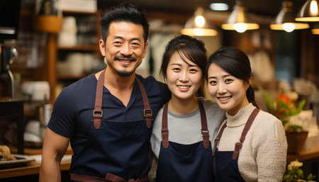 Proud Japanese father mother and daughter owners of a restaurant. Asian couple who owns a coffee shop. Standing smiling in an apron In a small coffee shop family run hand holding a cup of coffee and stand with their backs leaning against each other. Family shop or cafe portraitの素材