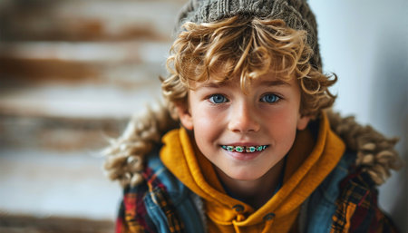 Authentic portrait of smiling teenage boy with braces looking at camera standing on the street. Positive lifestyle, summer concept Equalize teeth, orthodontist concept Close upの素材