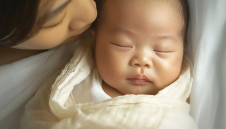 Newborn Asian baby sleeping. Top view happy newborn baby lying sleeps on a white blanket comfortable and safety at warmth place. Cute Asian newborn sleeping and napping on bed. Newborn Baby Care concept Chinese portrait close upの素材