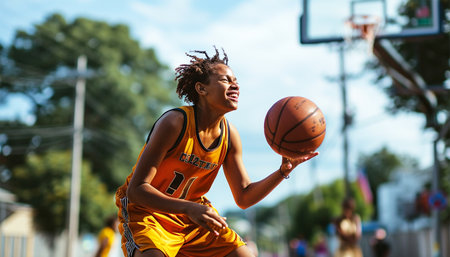 African American basketball player on a court in the city. Street basketball player making a powerful slam dunk on the court - Athletic male training outdoor at sunset - Sport and competition concept outsideの素材