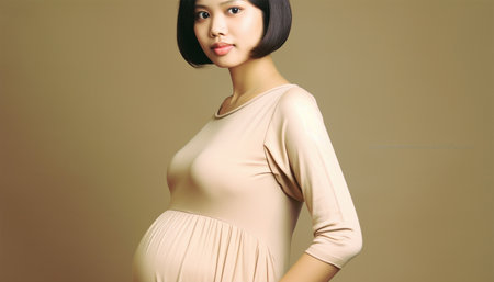 Pregnant Asian woman concept. Maternity photography. Beautiful natural woman holding her pregnant belly happy portraitの素材
