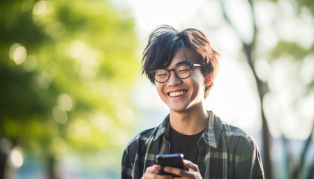 Handsome Asian student using mobile phone on sunny day. Man is sending message using smart phone. Social media,texting,video concept copy spaceの素材