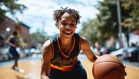African American basketball player on a court in the city. Street basketball player making a powerful slam dunk on the court - Athletic male training outdoor at sunset - Sport and competition concept outsideの素材