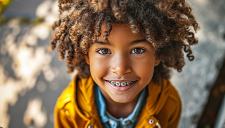 Happy African American boy wearing braces at dental white teeth advertising whitening. Smiling student showing healthy teeth perfect natural orthodontic smile standing. Teen boy African American close upの素材