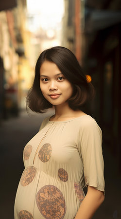 Pregnant Asian woman concept. Maternity photography. Beautiful natural woman holding her pregnant belly happy portraitの素材