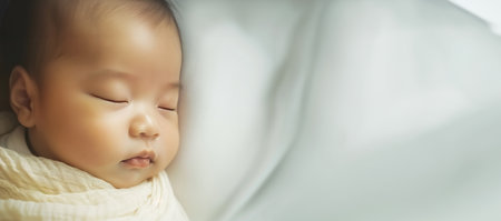 Newborn Asian baby sleeping. Top view happy newborn baby lying sleeps on a white blanket comfortable and safety at warmth place. Cute Asian newborn sleeping and napping on bed. Newborn Baby Care concept Chinese portrait close upの素材