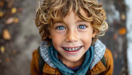 Authentic portrait of smiling teenage boy with braces looking at camera standing on the street. Positive lifestyle, summer concept Equalize teeth, orthodontist concept Close upの素材
