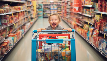 cute toddler is shopping in the supermarket or toy store. The baby is pushing a shopping cart. Funny concept for shopping advertisement. Supermarket,grocery store and children background Having funの素材