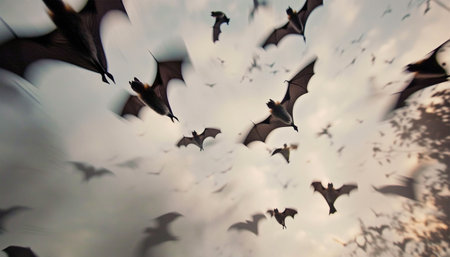 Horrific black bats swarm in the sky. Halloween background. Flying fox night creatures Silhouettes of flying bats traditional Halloween symbols wildlife natureの素材