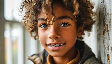 Happy African American boy wearing braces at dental white teeth advertising whitening. Smiling student showing healthy teeth perfect natural orthodontic smile standing. Teen boy African American close upの素材