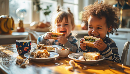 Breakfast children eating a sandwich. Close-up of African American elementary schoolgirl eating sandwich at desk during lunch break. unaltered, education, childhood, break, food and school concept or eating at home healthyの素材