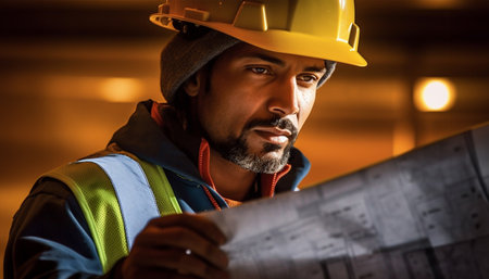 Building house with blueprints. Architectural engineer team meeting Use of blueprints, construction drawings and calculations for architectural projects and engineering tools in the workplace technical structure concept. builderの素材