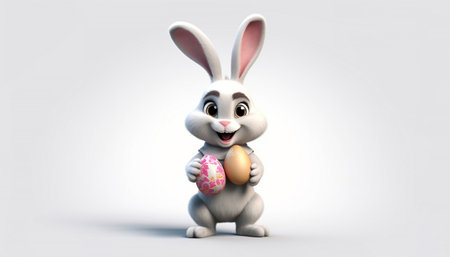 Easter bunny holds decorated pink egg. Happy Easter Greeting card. Festive dの素材