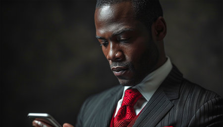 Serious black Businessman Using Smartphone for Checking Latest News in Office. African-American Businessperson Surfing the Internet on Mobile Phone Device. Boss concept Copy spaceの素材
