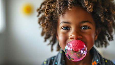 African-American child chewing gum blowing big pink bubble. Child having fun with bubble gum. Childhood candy portrait beautyの素材