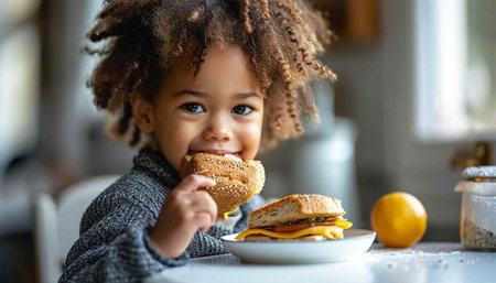 Breakfast children eating a sandwich. Close-up of African American elementary schoolgirl eating sandwich at desk during lunch break. unaltered, education, childhood, break, food and school concept or eating at home healthyの素材