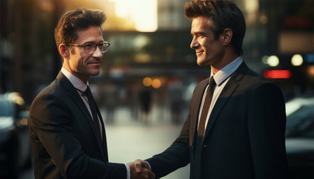 Businessmen making handshake with partner, greeting, dealing, merger and acquisition, business joint venture concept, for business, finance and investment background, teamwork and successful business close upの素材