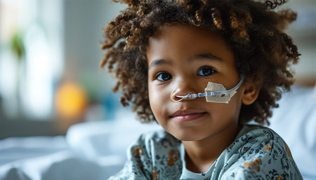 Little child in bed in hospital room. Child with IV tube and pulse oximeter in modern clinic. Kid recovering from sickness. Post operative care at children station. Kids health care wearing tubeの素材