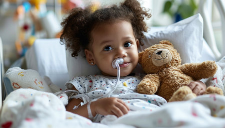 Little child in bed in hospital room. Child with IV tube and pulse oximeter in modern clinic. Kid recovering from sickness. Post operative care at children station. Kids health care wearing tubeの素材