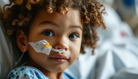 Little child in bed in hospital room. Child with IV tube and pulse oximeter in modern clinic. Kid recovering from sickness. Post operative care at children station. Kids health care wearing tubeの素材