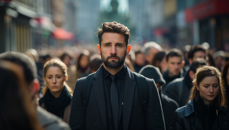 Businessman walking in busy street in the city. Business people walking from the job in busy city street. Elegant businessman in the people crowd. working in the office portraitの素材