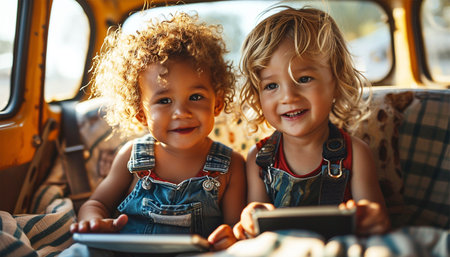 Happy kids siblings on the back seat of a car watching a video on tablet together. Transport, road trip, travel, technology and people concept. happy little children with tablet pc driving in car safety seat Laughingの素材