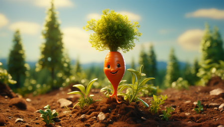Ripe carrot growing in soil in garden 3D animation. Blue summer sky. Carrot growing closeup. carrot is growing in soil. A close-up shot of carrots growing in field. A fresh vegetable plant of carrot. funny vegetable sunlightの素材