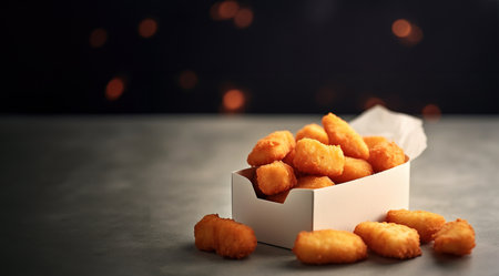 Chicken nuggets in cardboard box food delivery service. Fried chicken legs in cardboard box package fast food take away delivery illustration. Crispy appetizing golden poultry limbs hot crunchy meat delicious juicy nugget in paper pack Copy space Space for textの素材
