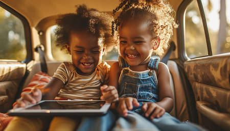 Cheerful cute African American siblings sitting at car back seat, using digital tablet together and having fun,laughing playing video games while going home from school, smiling at camera, copy space happyの素材