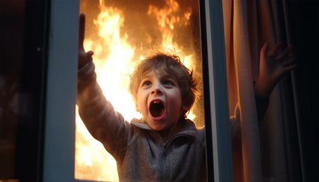 Boy trapped in a house with fire crying and screaming for help by the window. Frightened child is his home sosの素材