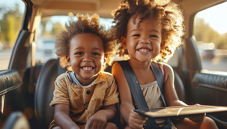 Cheerful cute African American siblings sitting at car back seat, using digital tablet together and having fun,laughing playing video games while going home from school, smiling at camera, copy space happyの素材