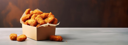 Chicken nuggets in cardboard box food delivery service. Fried chicken legs in cardboard box package fast food take away delivery illustration. Crispy appetizing golden poultry limbs hot crunchy meat delicious juicy nugget in paper pack Copy space Space for textの素材
