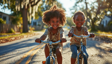Happy African American children riding a bicycle on summer road. children riding his bicycle and his happy excited going to school. Kids having fun activeの素材