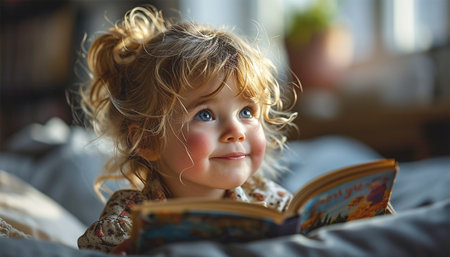 Portrait of cute little kid with book smiling at camera while reading a book at home in stylish bright living room. Happy toddler child playing and learning alone cozyの素材