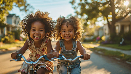 Happy African American children riding a bicycle on summer road. children riding his bicycle and his happy excited going to school. Kids having fun activeの素材