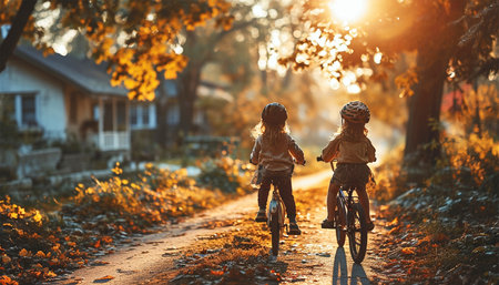 Two Children Riding Bicycle on Way to School. back View of kids Commuting to School on Bicycle along Suburban Bikeway in Morning, summer light activeの素材