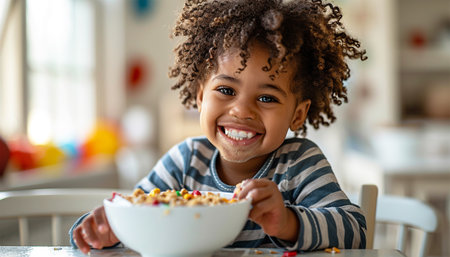Happy hungry little adorable curly African American kid girl eating crunchy fast dry meal from bowl on breakfast, tasting yummy sweet corn flakes with milk, balanced meal for children concept. Breakfastの素材